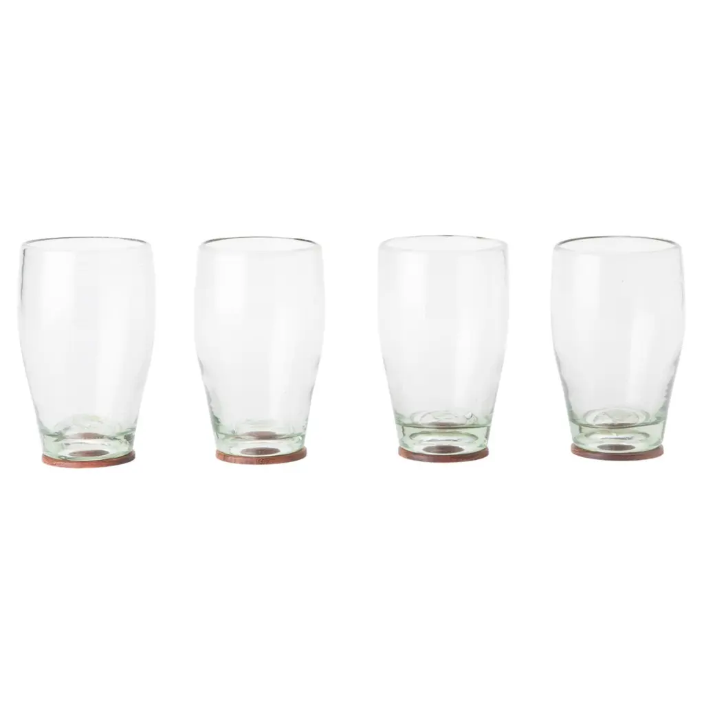Mexican Blown Glass, Transparent Highball Glasses With Wood Coasters