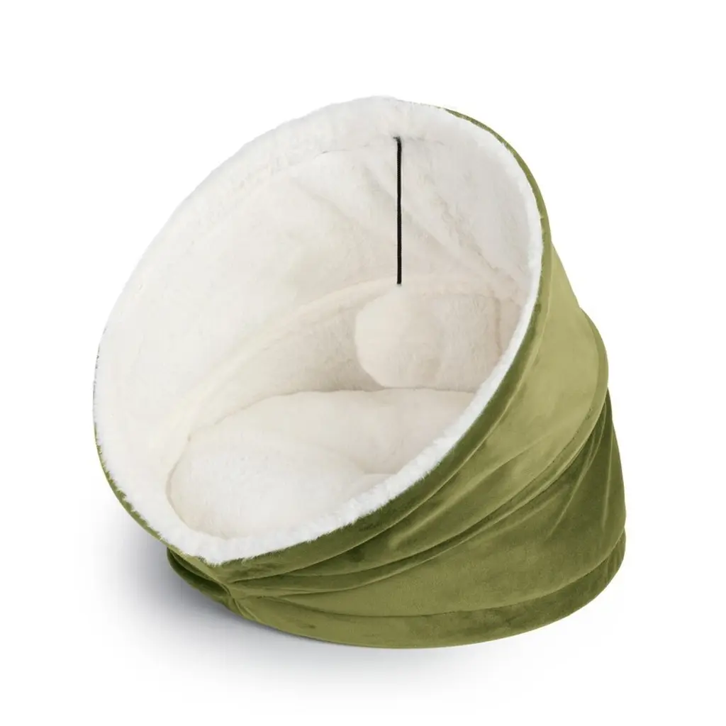 Cozy Cat House Velvet With Sherpa + Dangling Ball - 16"16" - Sage Green