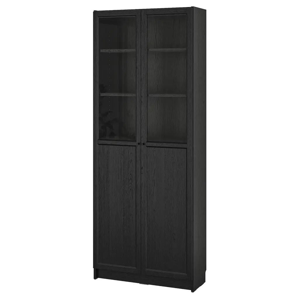 Billy / Oxberg Bookcase With Panel/glass Doors - Black Oak Effect 31 1/2x11 3/4x79 1/2 "