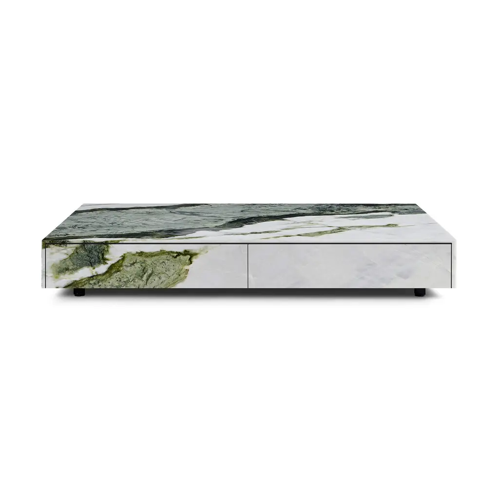 Giro Modern Rectangular Marble Low Profile Block Storage Coffee Table With Two Drawers