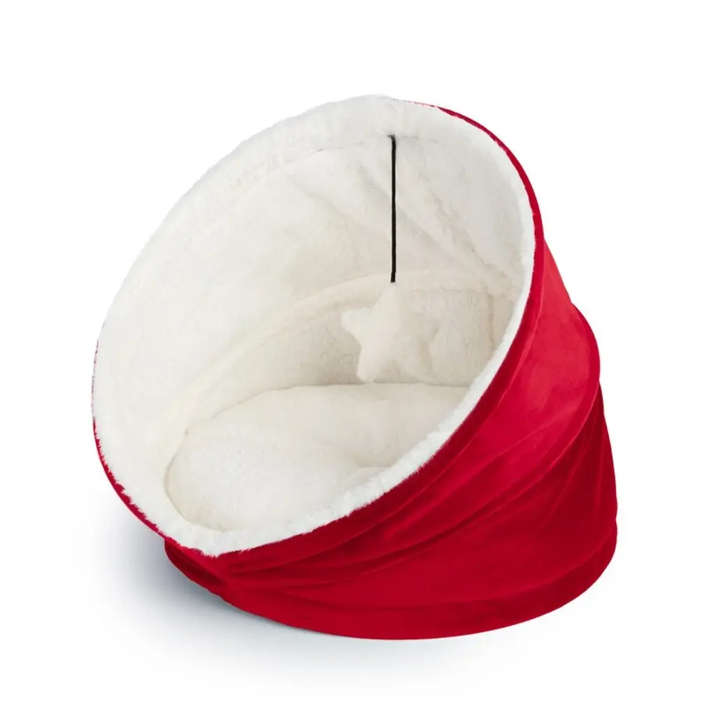 Cozy Cat House Velvet With Sherpa + Dangling Ball - 16"16" - Red