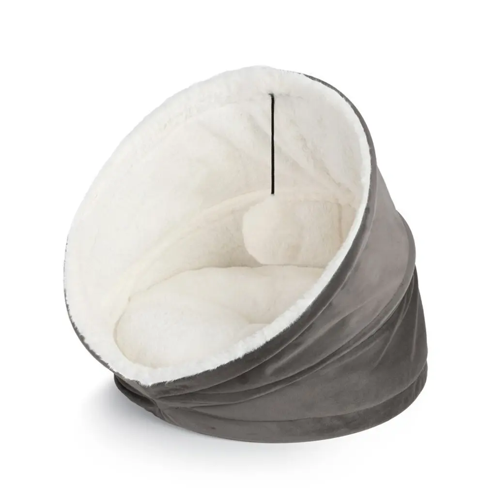 Cozy Cat House Velvet With Sherpa + Dangling Ball - 16"16" - Grey