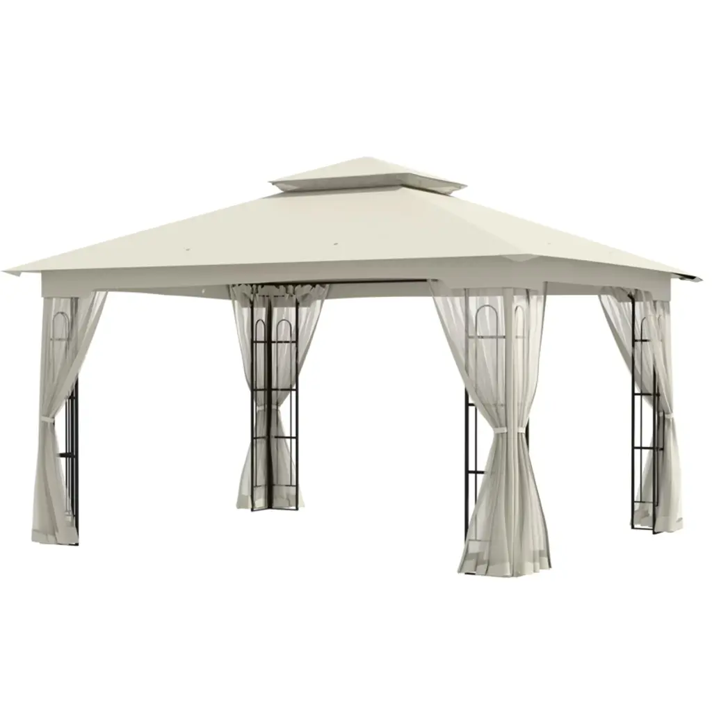 Eagle Peak 13'x11'double Roof Outdoor Patio Gazebo With Mesh Netting, Beige