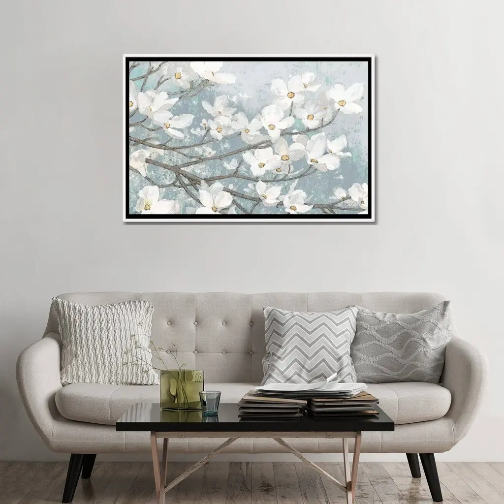 Icanvas "Dogwood Blossoms Ii In Blue Gray Crop" By James Wiens Framed Canvas Print - White - 18x26
