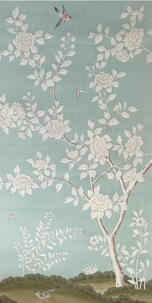 Chinoiserie Hand Painted Floral Wallpaper On Blue Tea Paper Panel