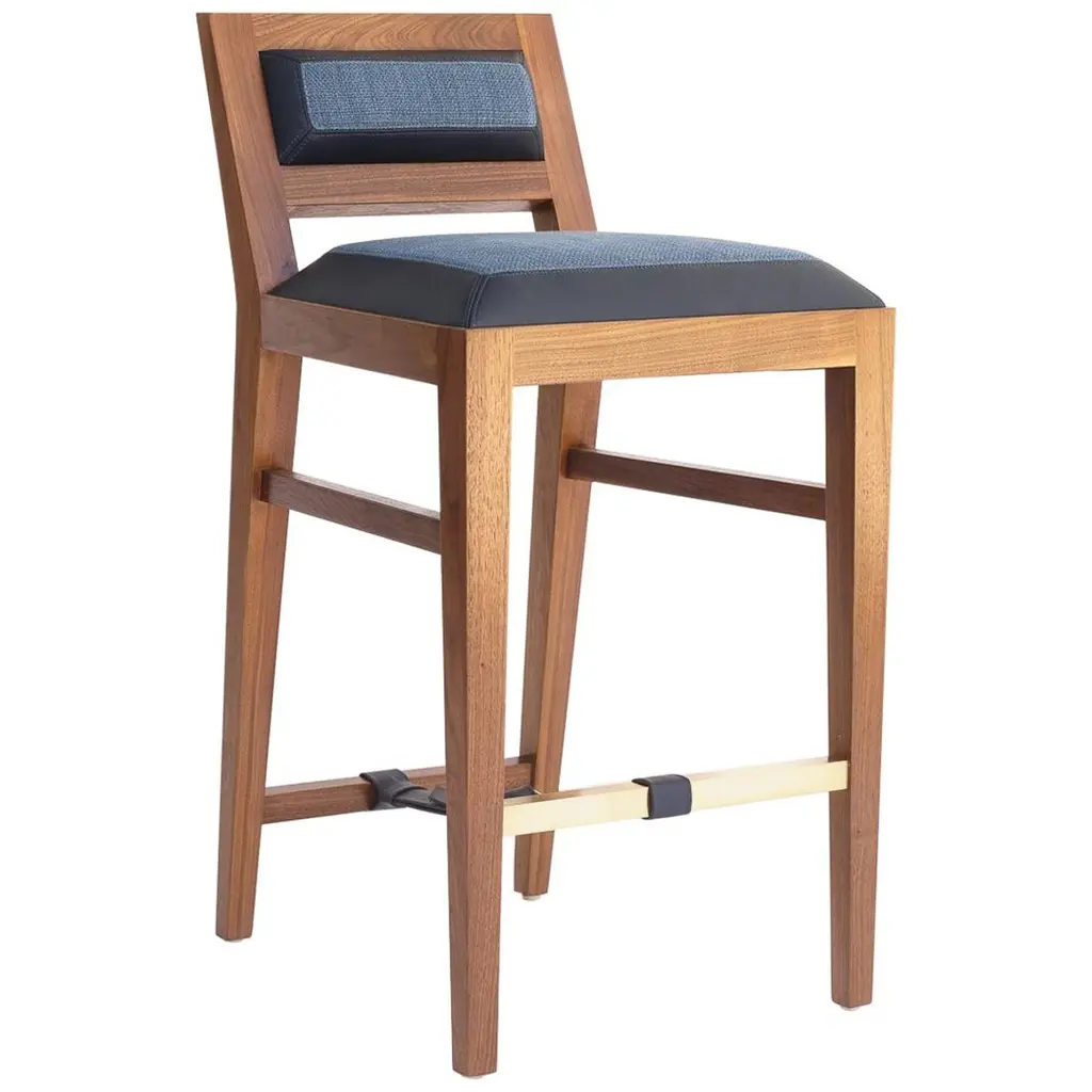 Counter Stool In Solid Walnut With Leather And Fabric Upholstered Seat
