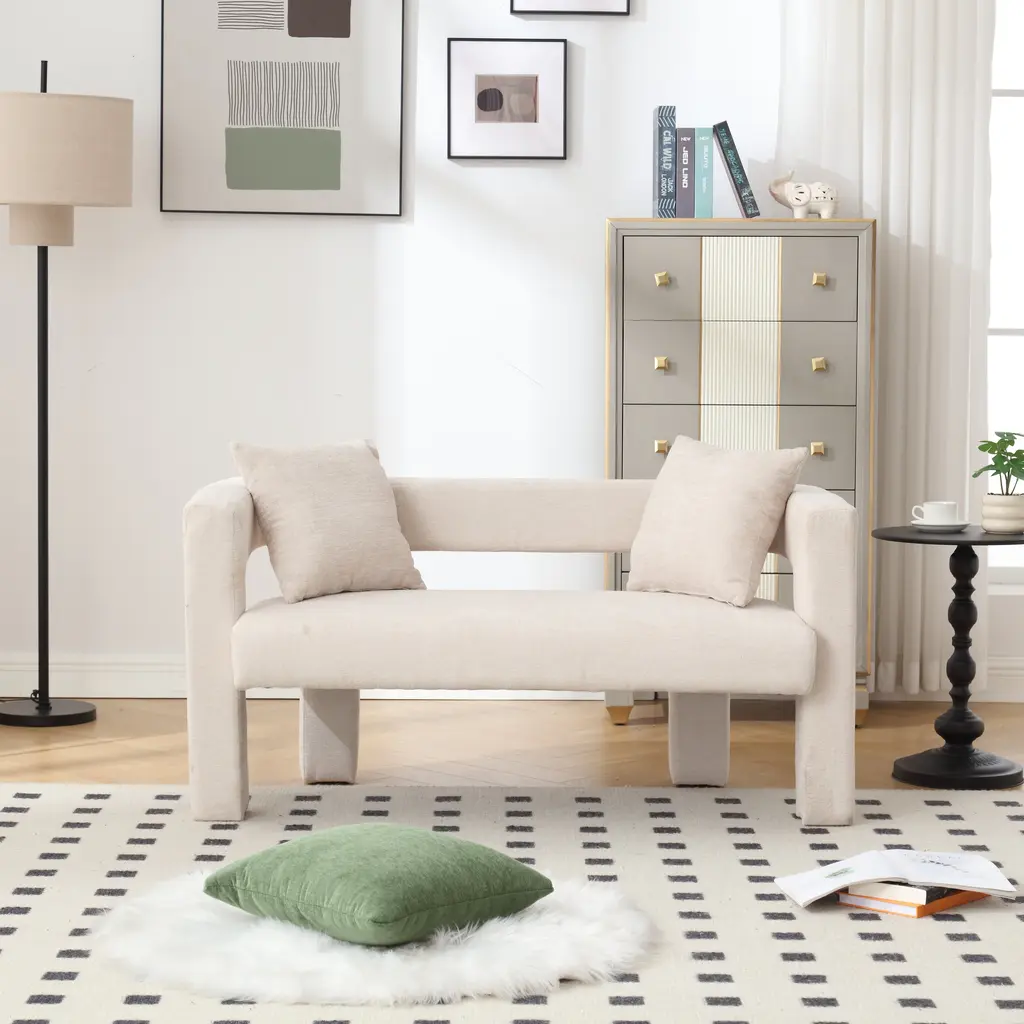 Modern Chenille Double Sofa, Comfortable Cushioned Small Sofa, Suitable For Living Room Bedroom, Leisure - Beige