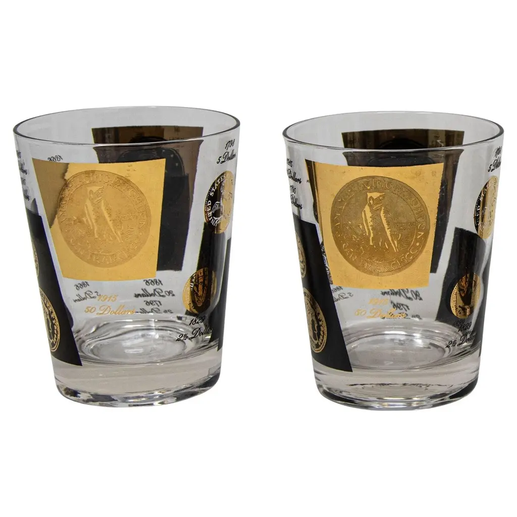 Set Of 2 Double Old Fashioned Gold And Black Coin Barware Glasses By Cera 1960s