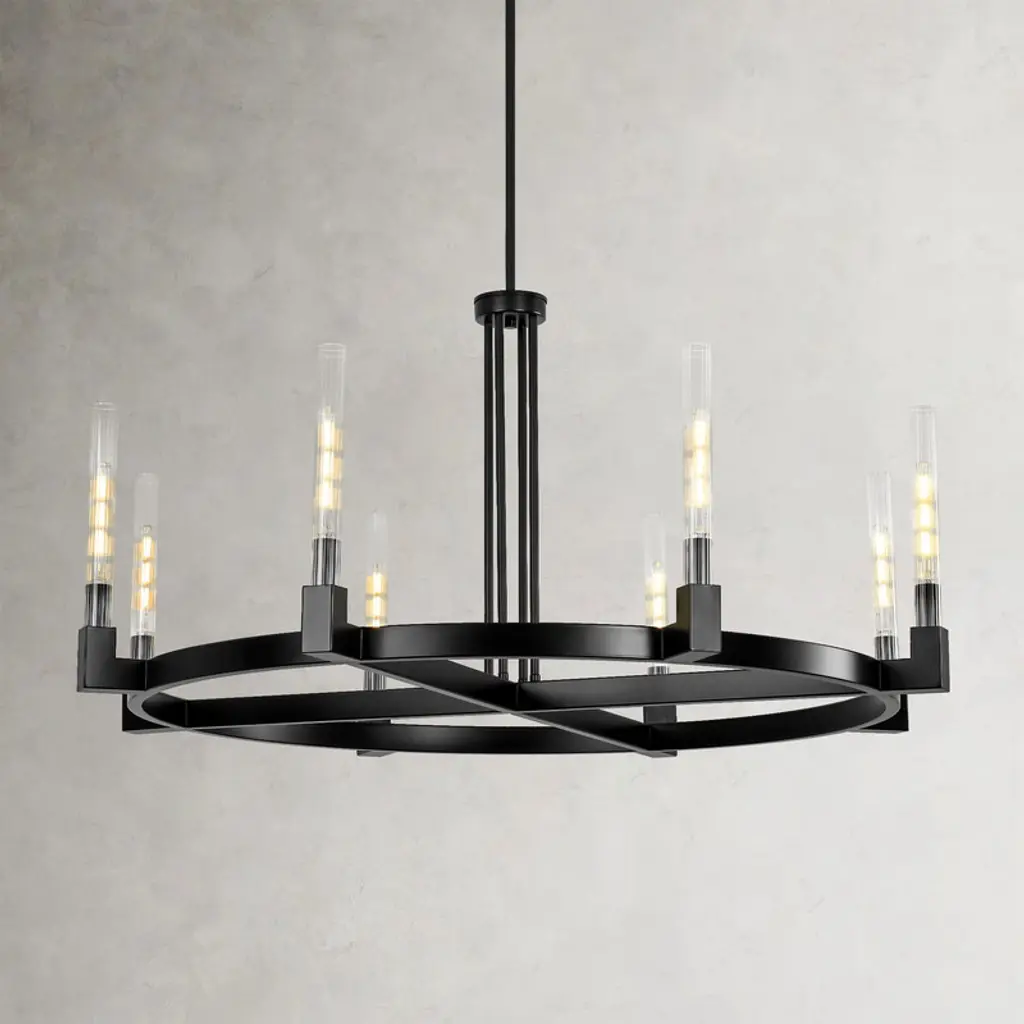 Rennnsan Marrionel 47"w 8-light Wagon Wheel Textured Glass Classic Dimmable Chandelier In Black