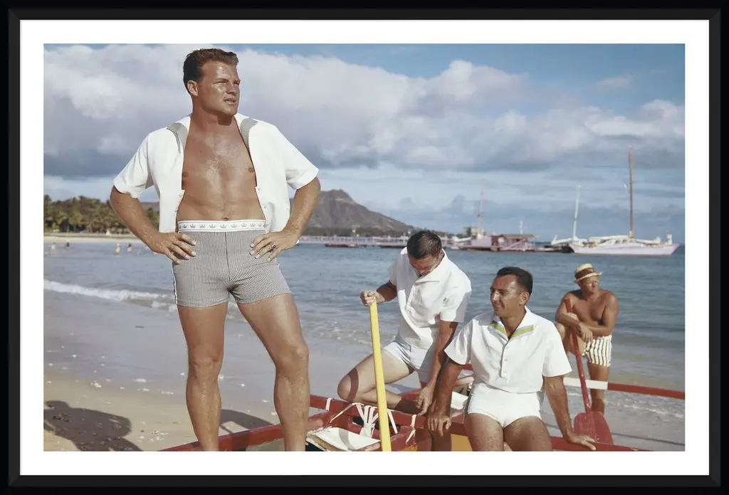 Tom Kelley, Friends Standing In Boat At Beach