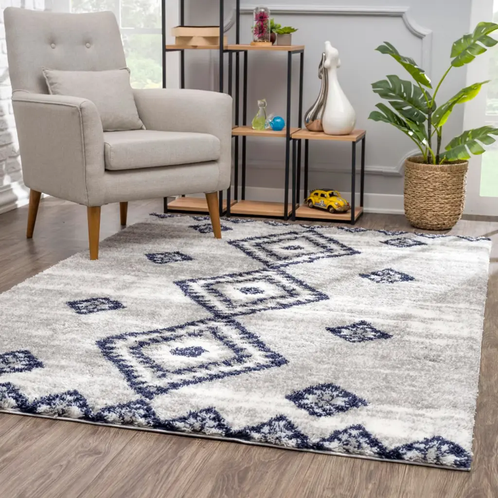 Rug Branch Retro Contemporary Moroccan Shag Grey Blue Indoor Doormat Rug - 3' X 5'