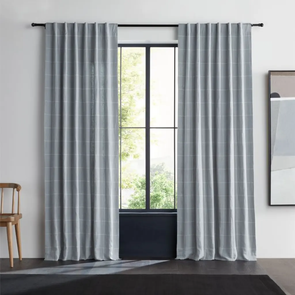 Mist Blue & Crisp White Linen Double Pinstripe Grid Window Curtain Panel 52"x120"