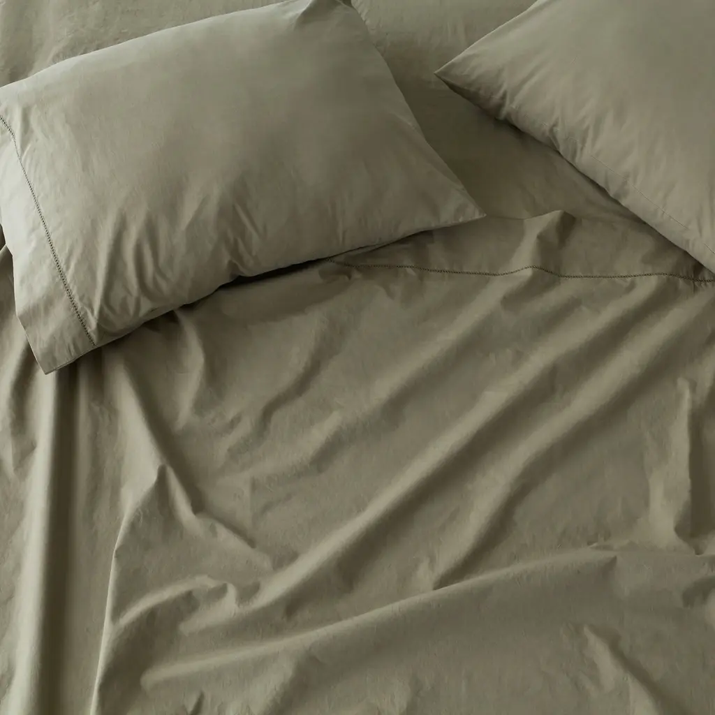 Stonewashed Organic Cotton Percale Sheet Set - Olive / Full