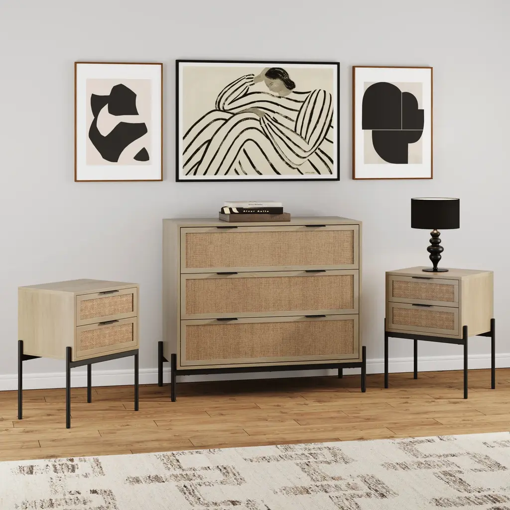 Oak Rattan Nightstand And Dresser Set With Drawers