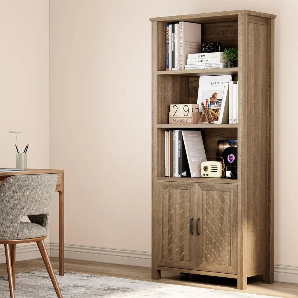 71 Inch Wooden Bookcase, Adjustable Bookcase With Door And 3 Open Shelves, Floor Standing Display Shelf For Living Room, Bedroom, Home Office, Walnut