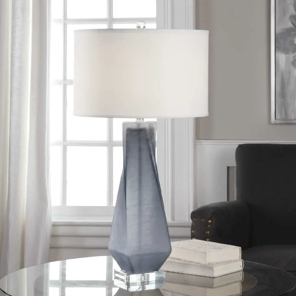Glass Table Lamp With Drum Shade - 31" Gray And Beige - Grey