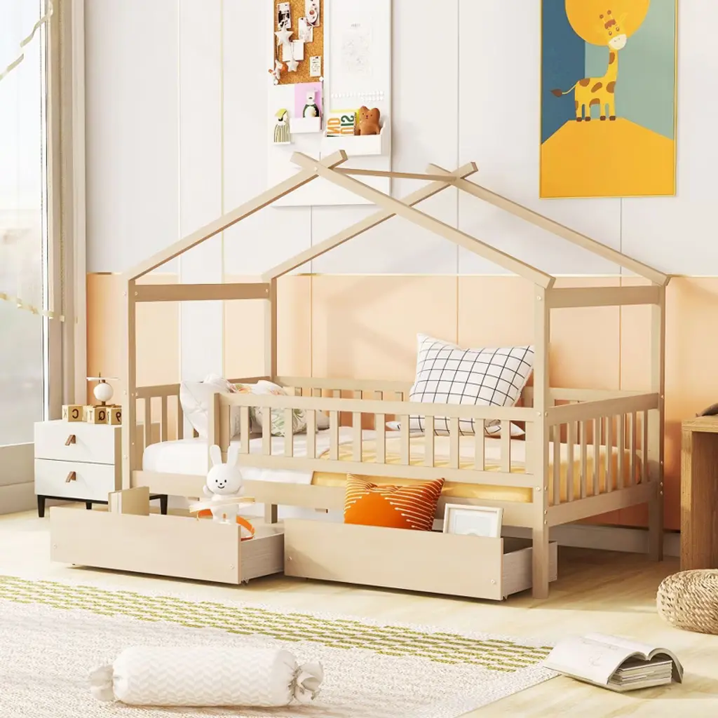 Cavinas Twin Size House Bed Frame With 2 Drawers,modern Floor Bed For Kids Room,bedroom,natural