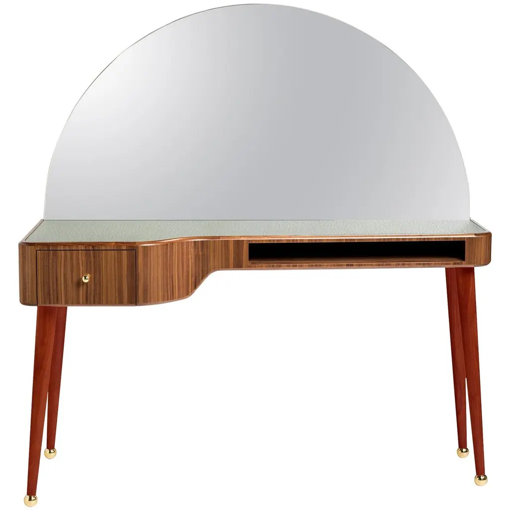21st Century American Walnut Veneer Vanity Desk With Mirror, Red & Gray