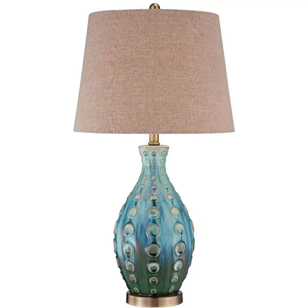 360 Lighting Mid Century Modern Table Lamp Vase 26.5" High Teal Handmade Tan Linen Tapered Drum Shade For Living Room Family Bedroom (Color May Vary)