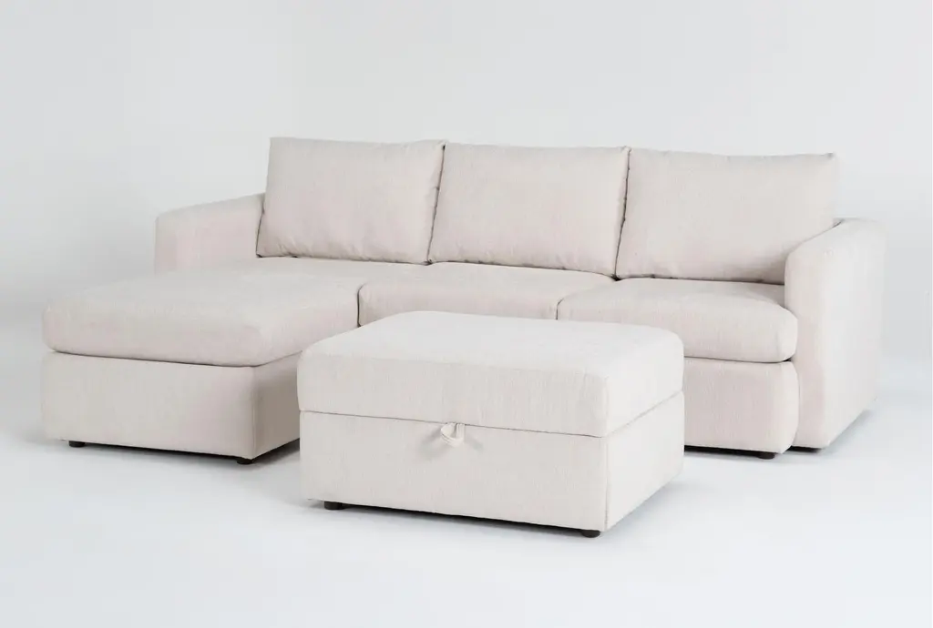 Basil Porcelain White Ivory Fabric Modular 93" 2 Piece Sectional With Left Arm Facing Chaise & Ottoman