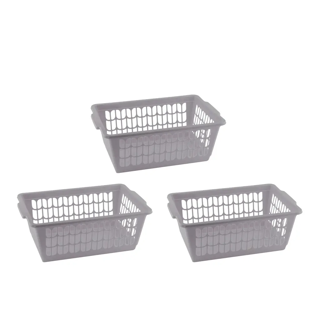 Small Plastic Storage Basket For Organizing Kitchen Pantry, Pack Of 3 - Grey