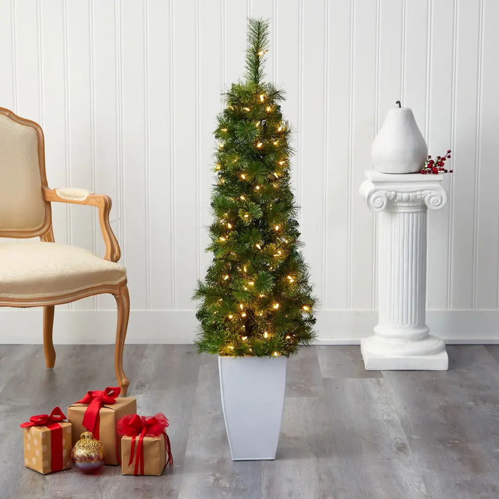 50" Artificial Christmas Tree With 100 Led Lights In White Planter - 4 Foot - Green