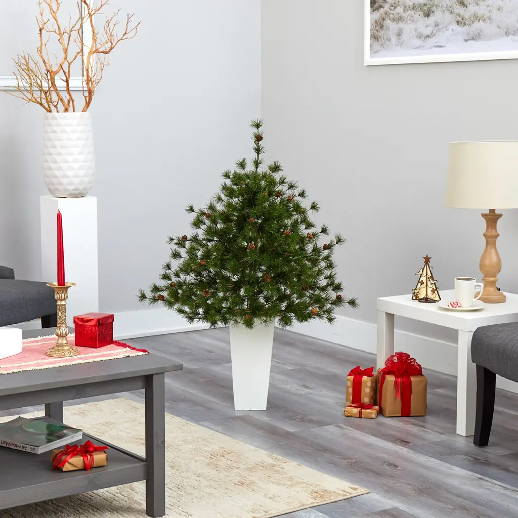 44" Colorado Mountain Xmas Tree W/50 Lights In Planter - 24”d X 24”w X 44”h - Green-White