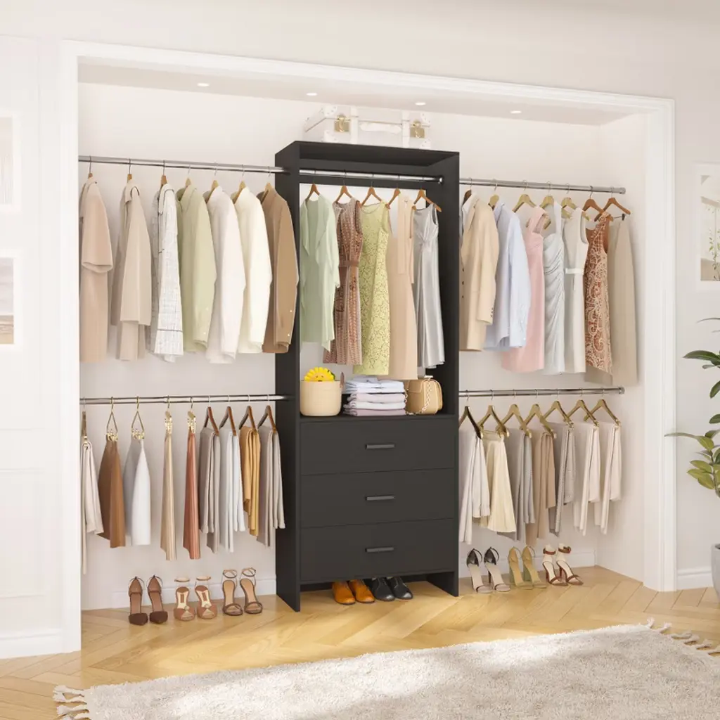 Aheaplus 76.5"-118" W Closet System With 4 Hanging Rods And 3 Drawers