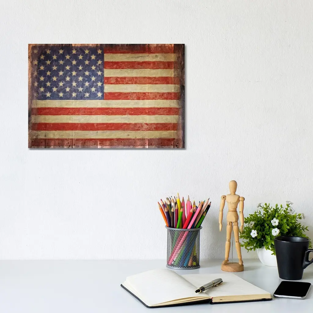 Icanvas "Vintage Flag On Barnwood" By Graffi*tee Studios Canvas Print - 12x18x1.5
