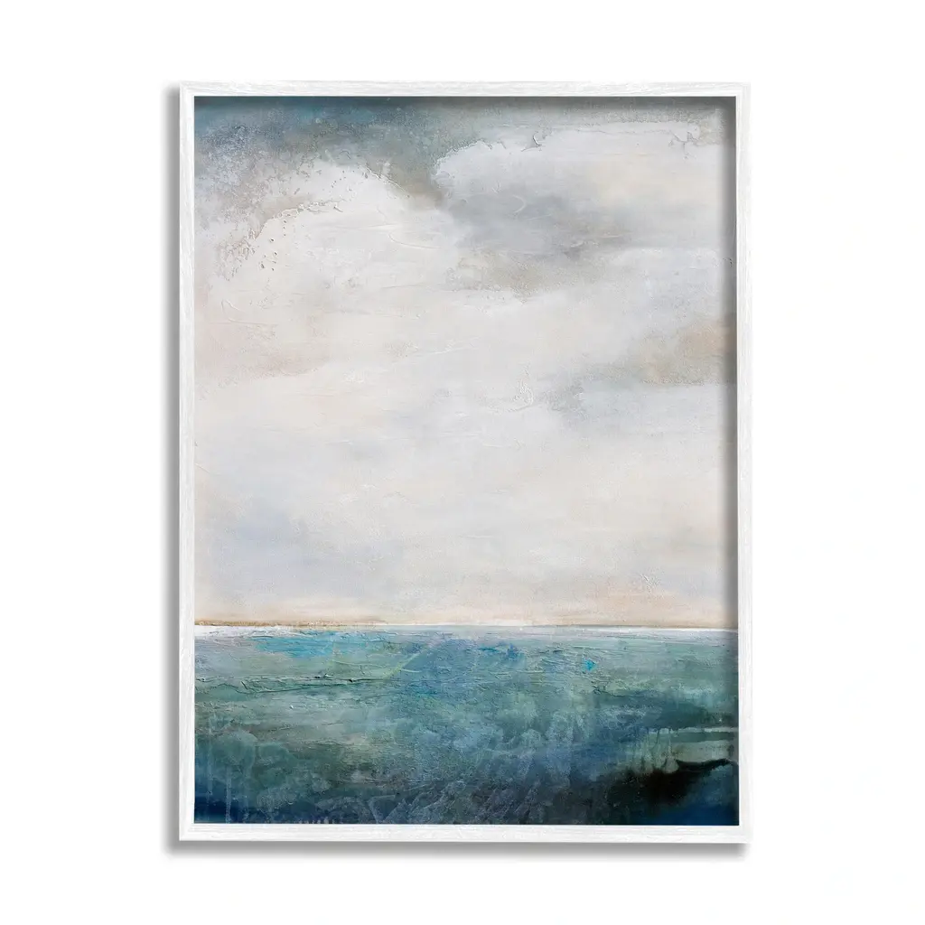 Stupell Abstract Ocean Horizon Line Nautical Water Cloudy Sky Framed Wall Art - Blue - 24 X 30 - White