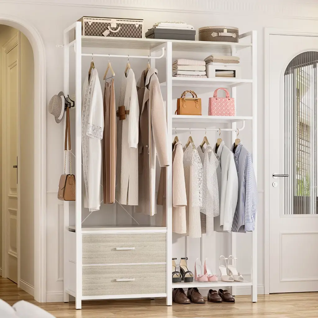 Aheaplus Garment Rack Heavy Duty Clothes Rack Free Standing Closet Organizer With Shelves And 2 Hanging Rods