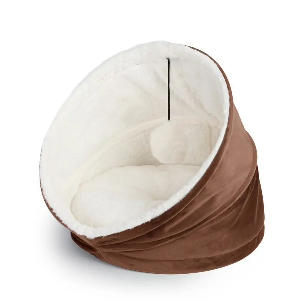 Cozy Cat House Velvet With Sherpa + Dangling Ball - 16"16" - Merket Brown