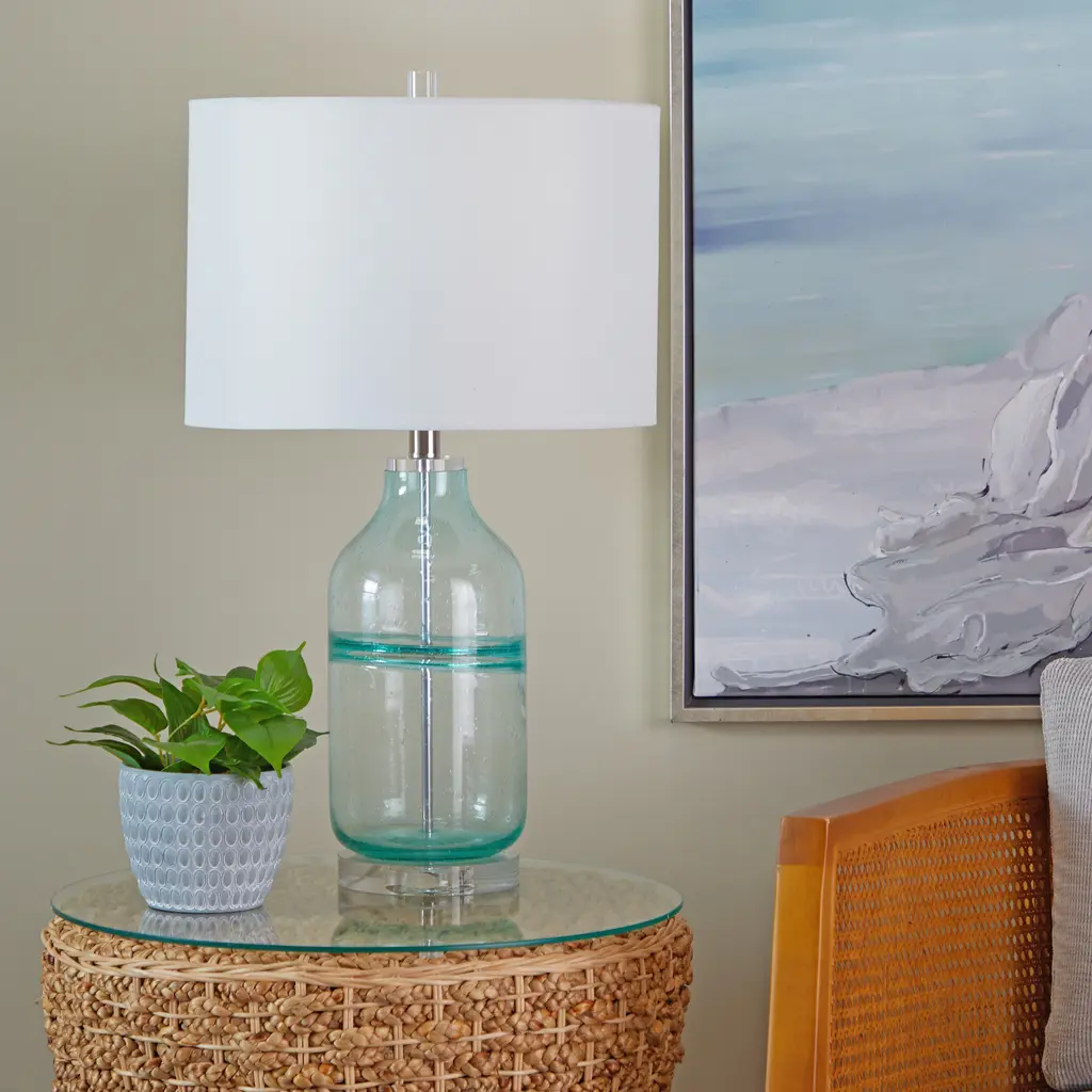 Modern Glass Textured Table Lamp With Drum Shade (Set Of 2) - Gray Or Teal - Teal