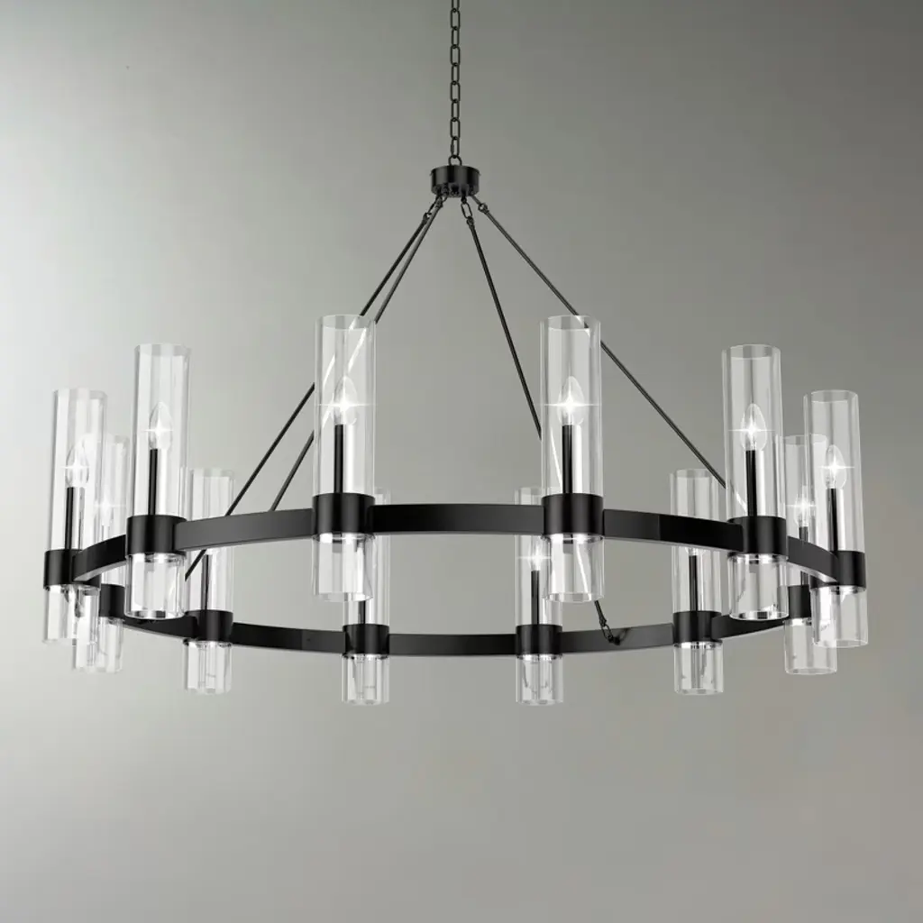 Baoure 12-light Black Wagon Wheel Chandelier With Glass Shade, 43.3-inch Round Farmhouse Pendant Light Fixture For Dining Rooms, Foyers & Entryways