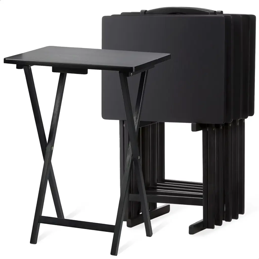 Pj Wood Multifunctional Rectangular Folding And Collapsible Solid Wood Tv Tray Snack Tables With Compact Storage Rack, Set Of 5, Black