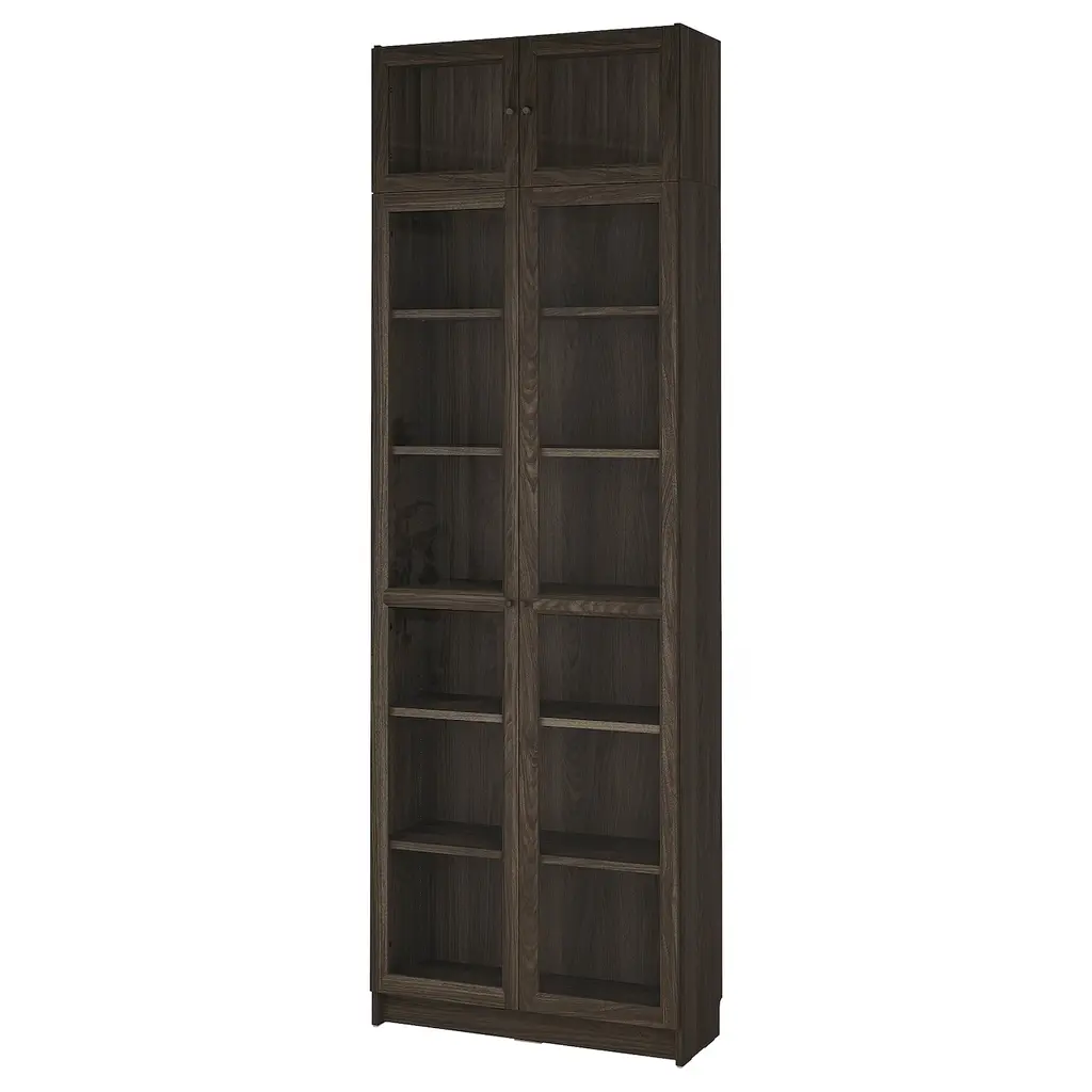 Billy / Oxberg Bookcase W Glass Doors/ext Unit - Dark Brown Oak Effect/clear Glass 31 1/2x11 3/4x93 1/4 "
