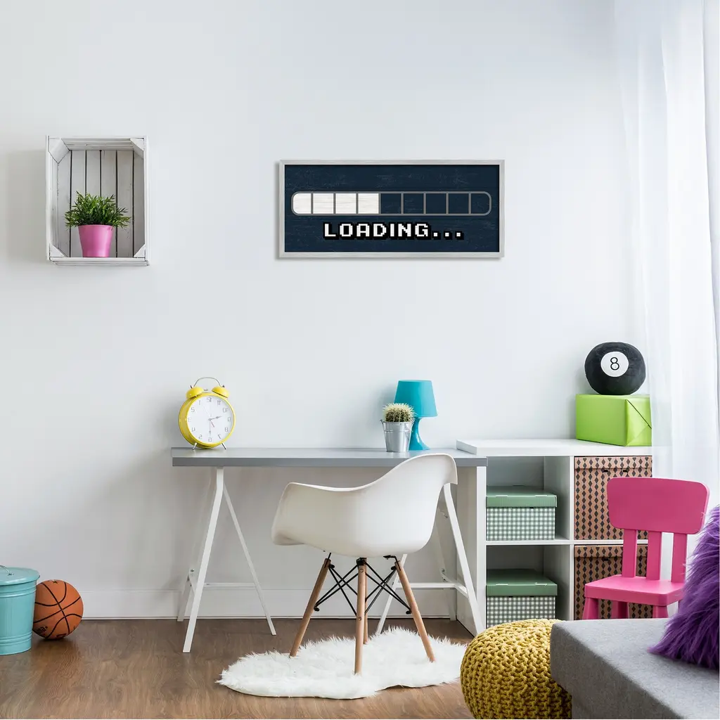 Stupell Video Game Loading Symbol Vintage Pixel Text Framed Wall Art - Blue - 24 X 10 - Black