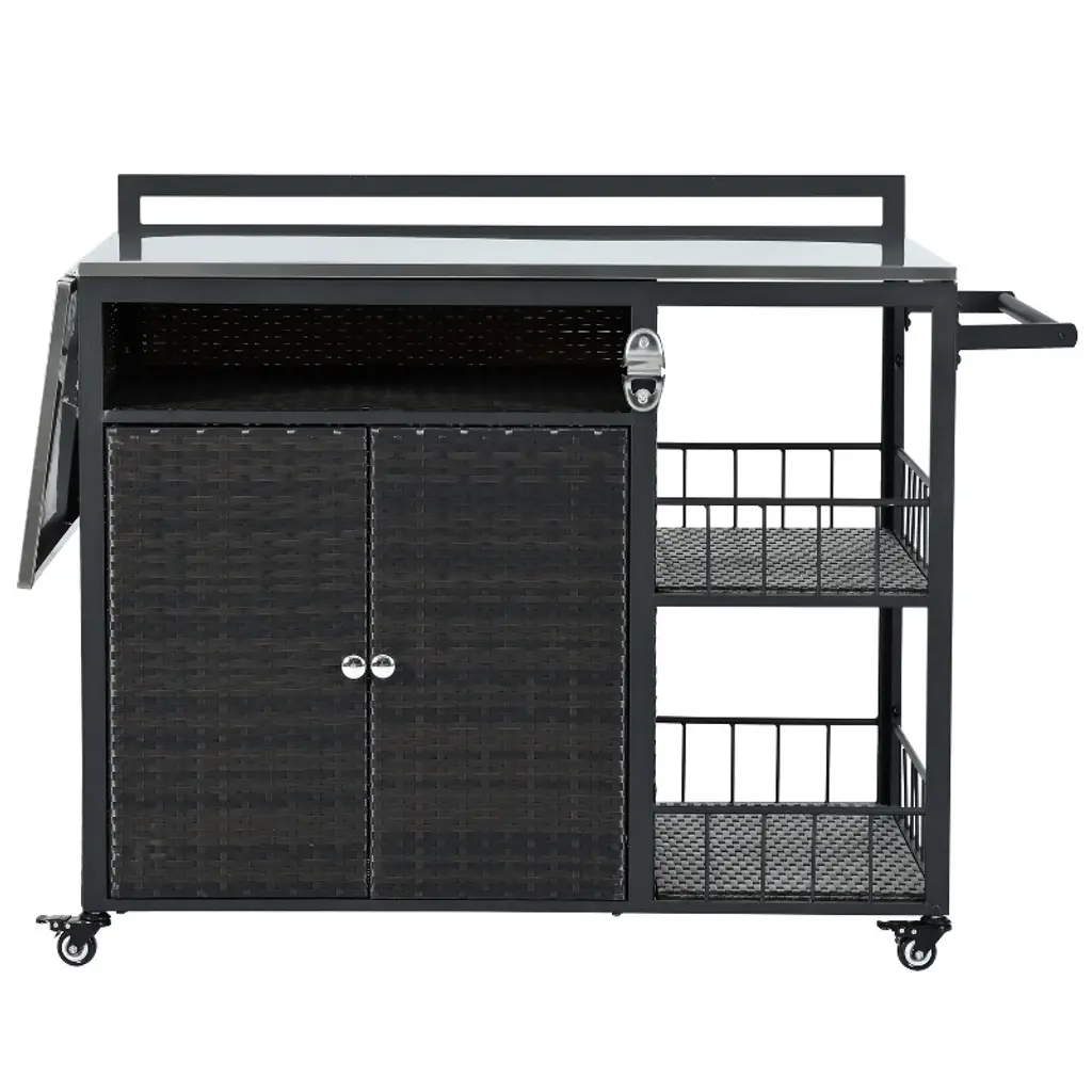 Cesicia 63.9" W Outdoor Kitchen Storage Island With Foldable Side Tabletop, Ample Storage Space, Bottle Opener For Outside Bbq, Patio, Dark Brown