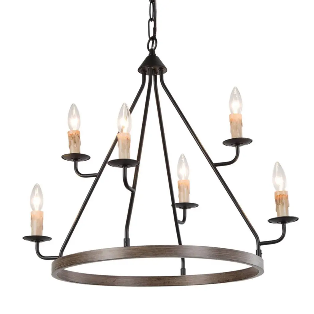 Lnc Gartin 6-lights 27" Farmhouse Wagon Wheel Large Chandelier, Matte Black And Antique Brown