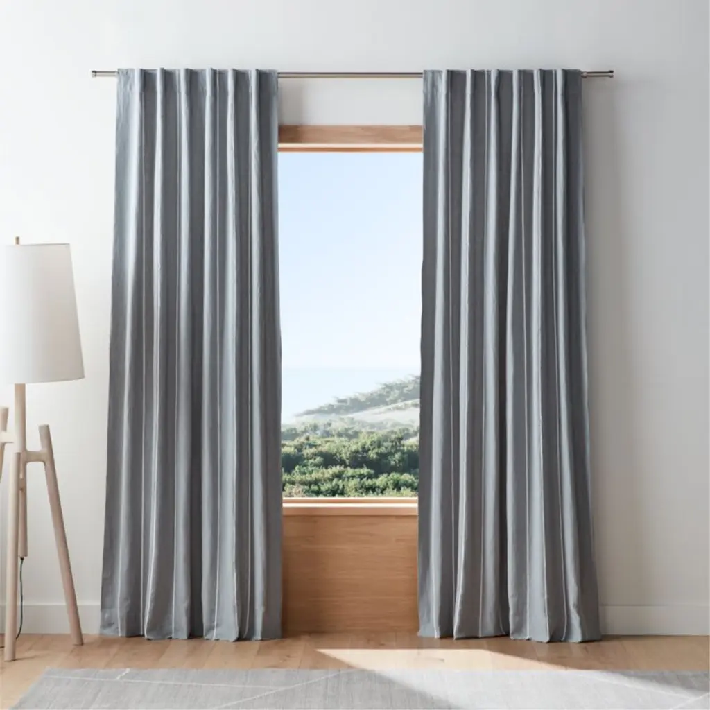 Mist Blue & Crisp White Linen Double Pinstripe Blackout Window Curtain Panel 52"x120"