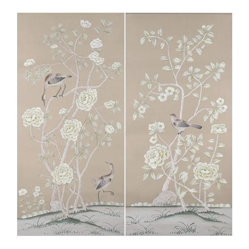 Chinoiserie Hand Painted Artwork Wallpaper On Mauve Silk Panel - 2 Panels