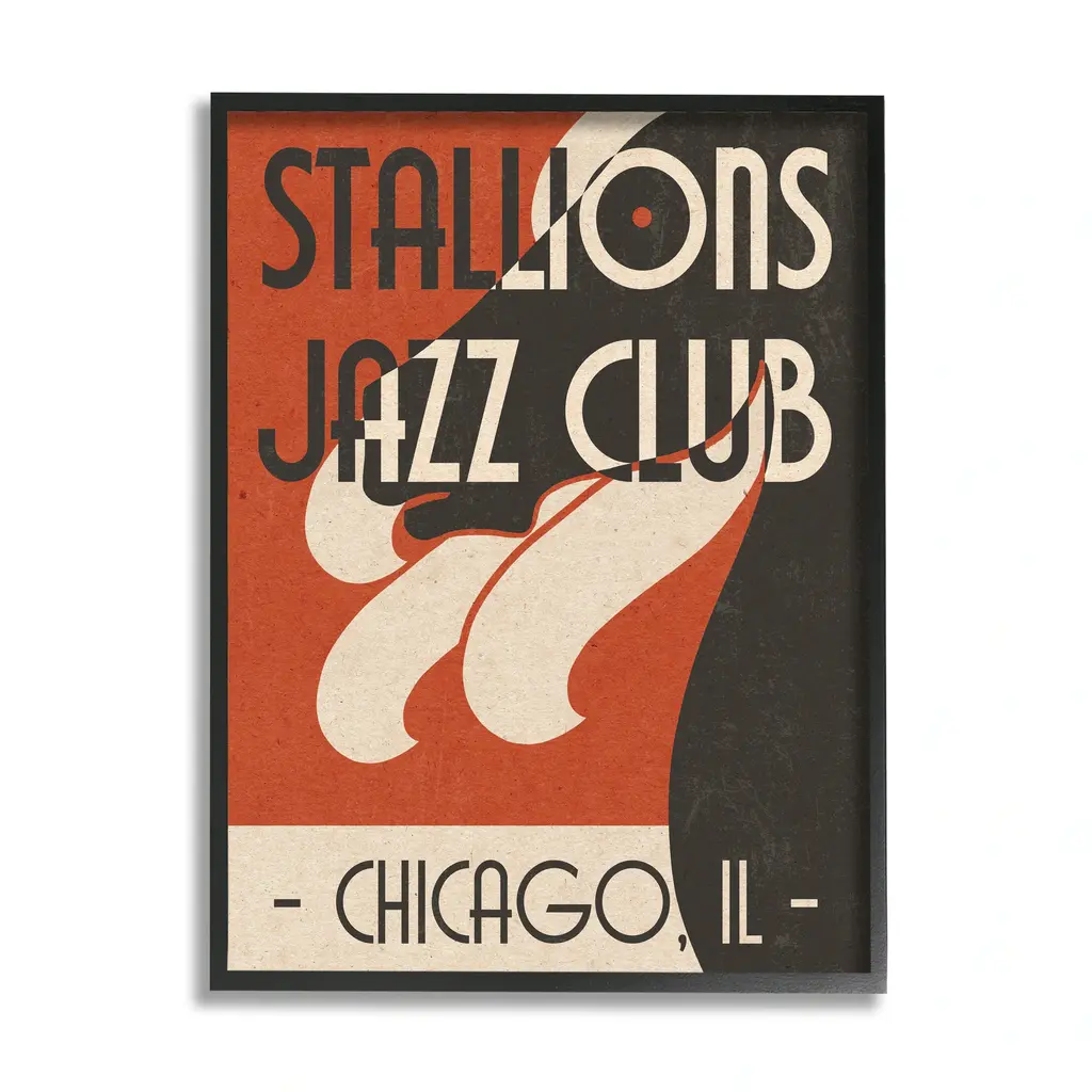 Stupell Stallions Jazz Club Retro Abstract Horse Chicago Illinois Framed Wall Art - 16 X 20 - Black
