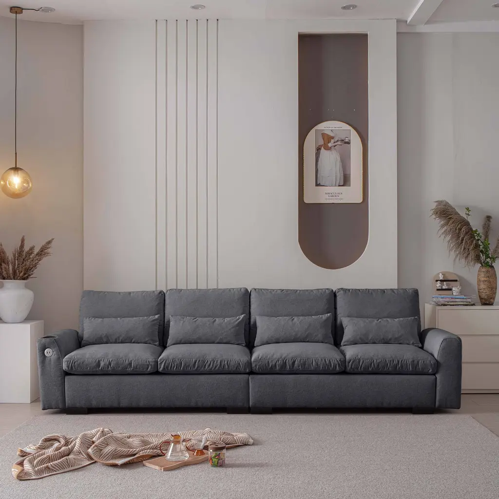 114.5"modern L Shaped Chenille Sofa With Ottoman And Usb Ports - Dark Gray