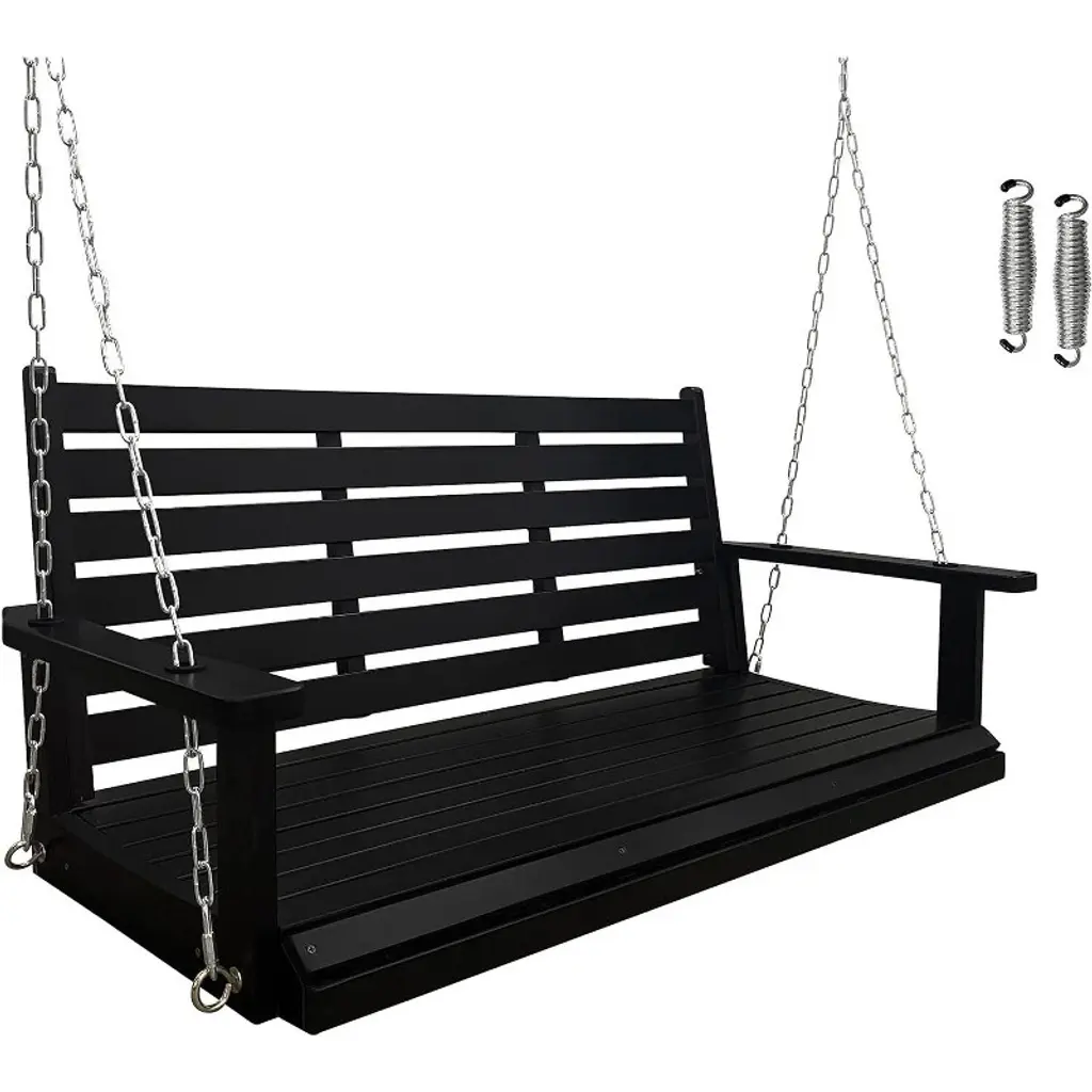 Fortune Candy Wooden Porch Swing 2-seater Extra Large, Ergonomic Seat, Bench Swing With Hanging Chains, For Outdoor Patio Garden Yard (Black)