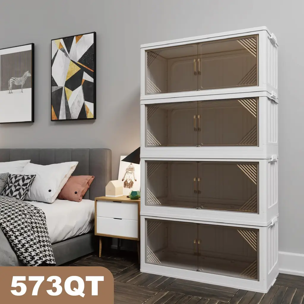 Transparent Plastic Storage Cabinets For Closet Organizers And Storage, Stackable Storage Bins With Open Front Door - 573qt 4-Pack