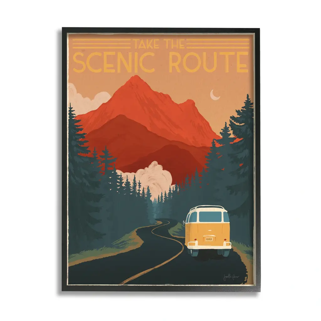 Stupell Take The Scenic Route Phrase Retro Mountain Travel Framed Wall Art - Orange - 16 X 20 - Black