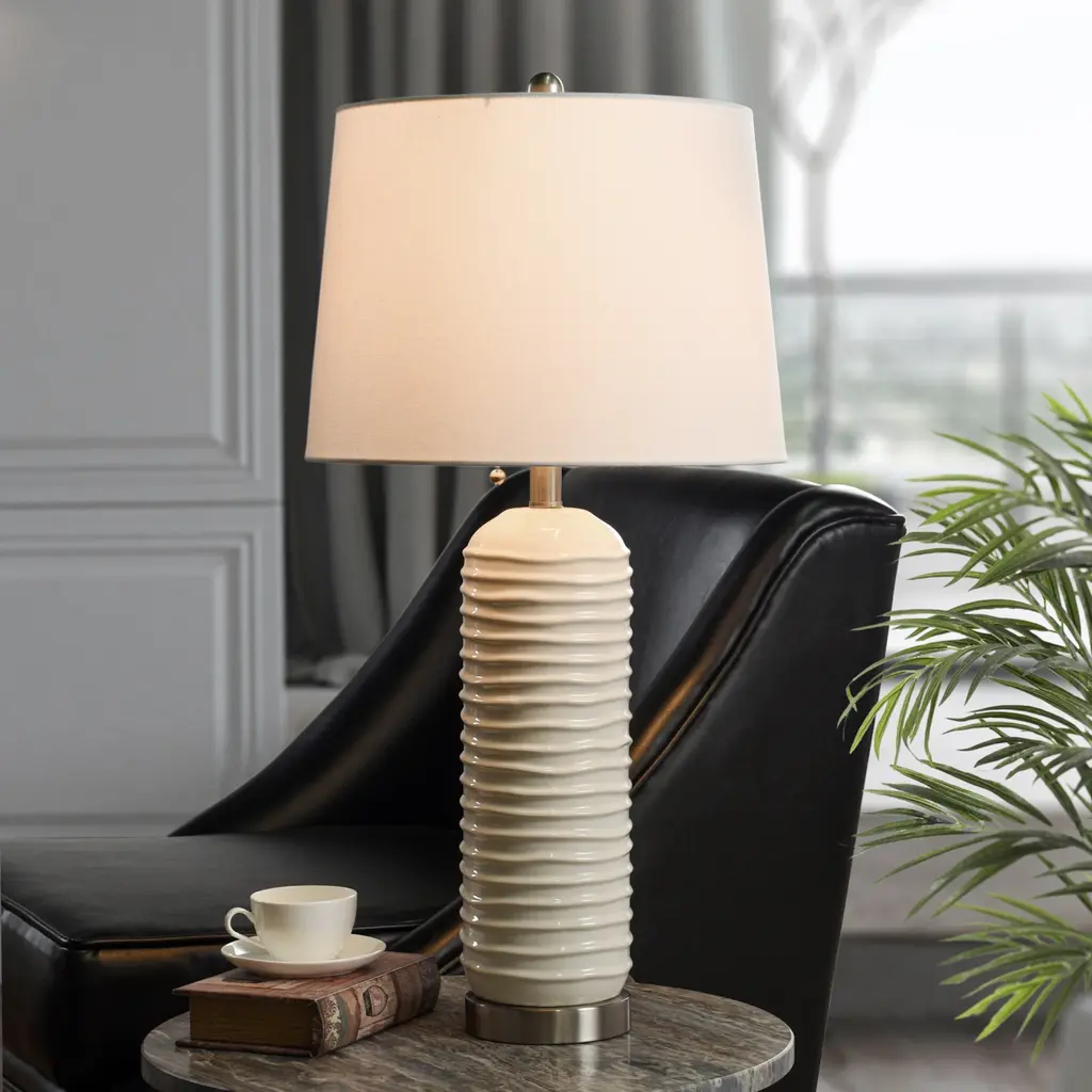 Stylecraft Alba Wave Design - Ceramic Table Lamp - Cream - White Shade - Cream, Nickel