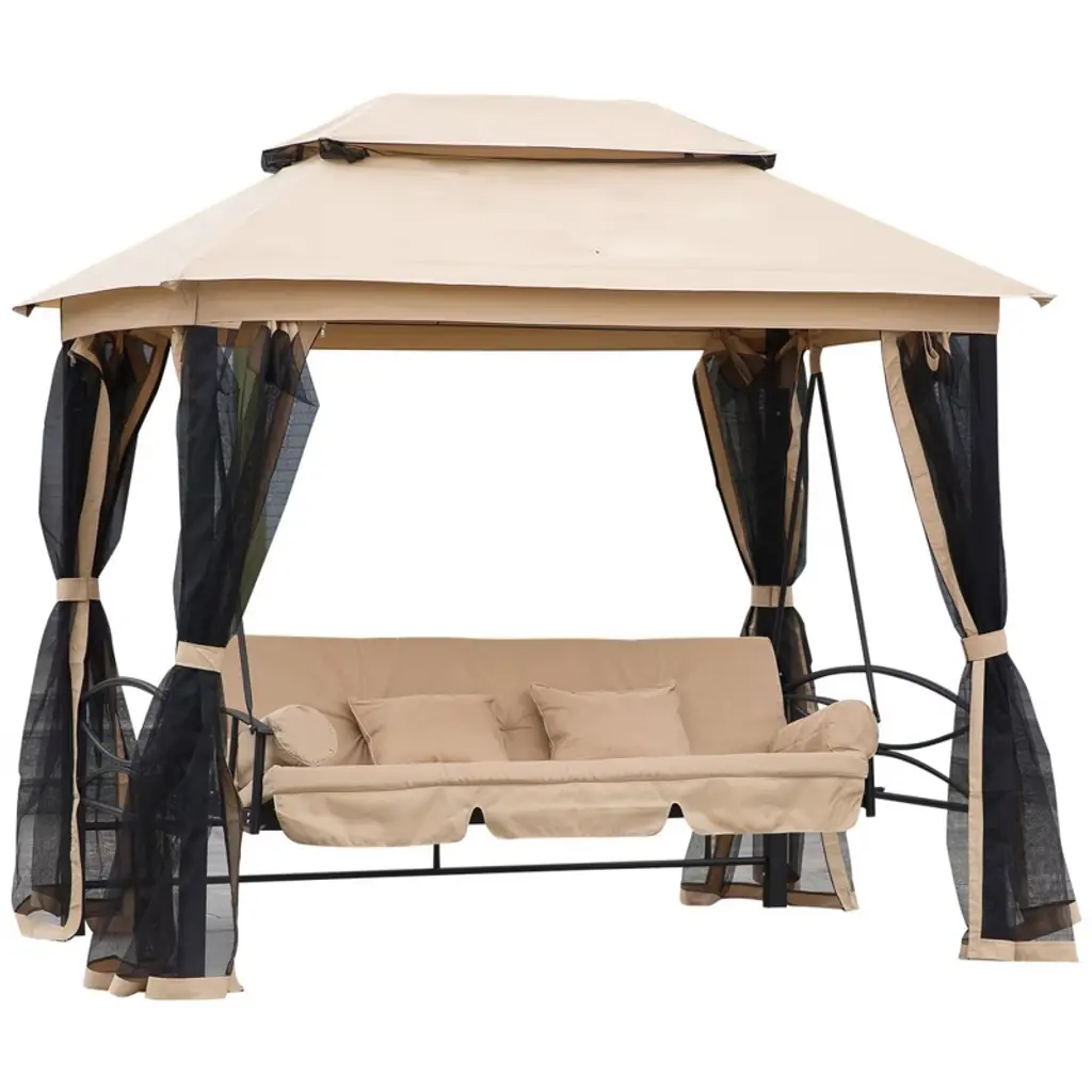 3-seat Outdoor Patio Gazebo Swing Chair With Double Tier Canopy, Mesh Sidewalls, Cushioned Seat & Pillows