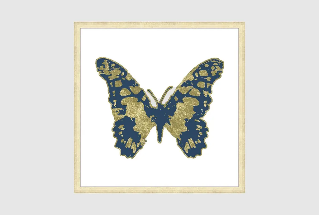 26" X 26" Blue & Gold Butterfly With Gold Champagne Frame | Framed Art | Animals | Print | Made In The Usa