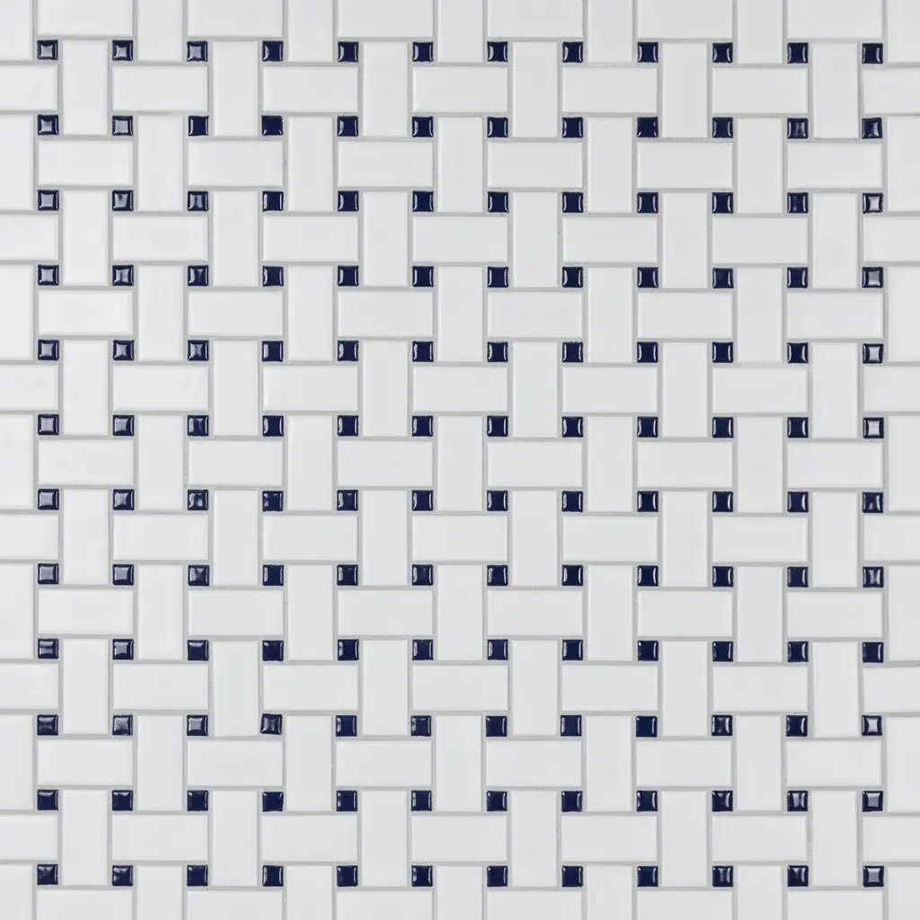 Merola Tile Metro Basketweave White W/ Glossy Cobalt Dot 11-3/4" X 11-3/4" Porcelain Floor And Wall Tile - Sample Swatch
